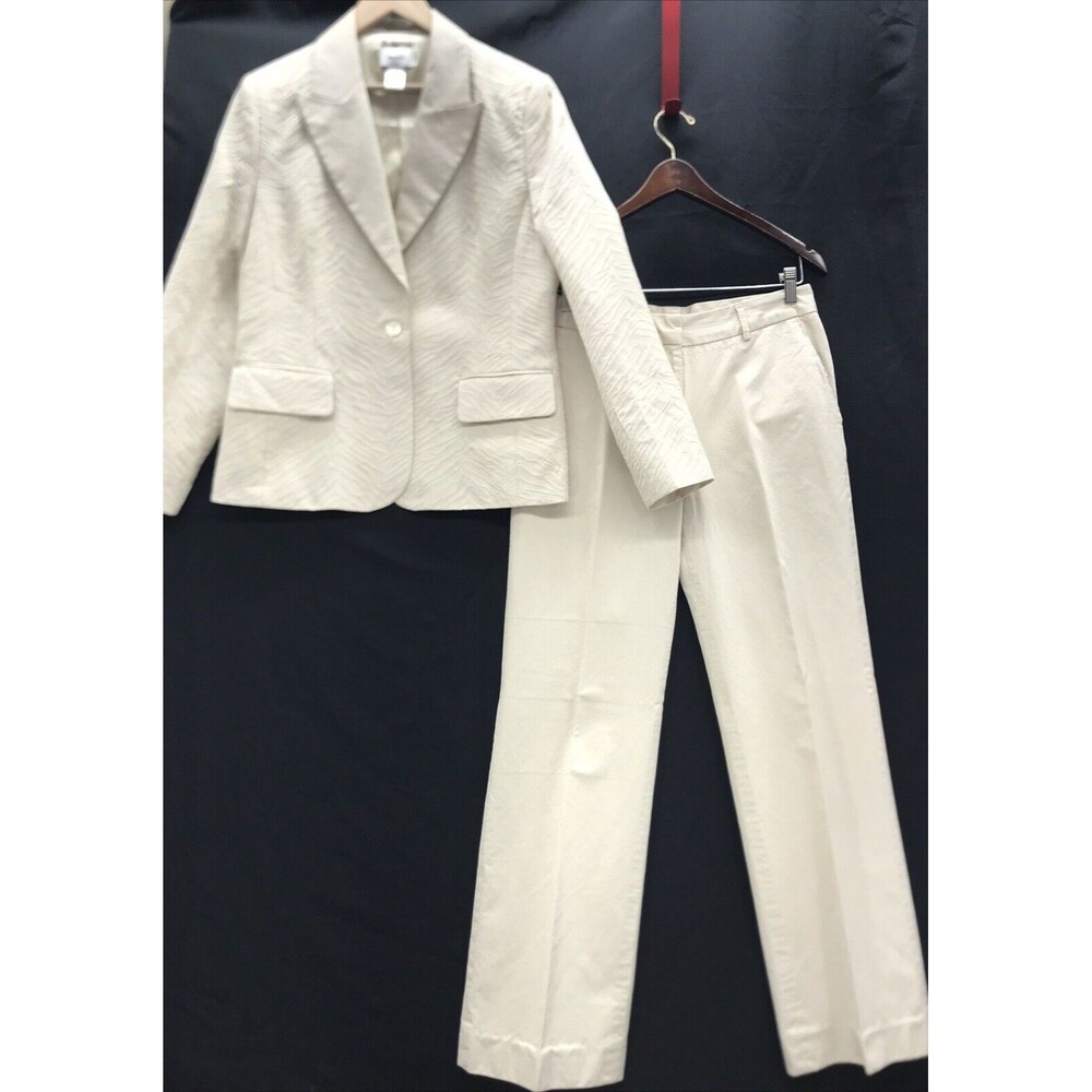 Neiman Marcus Womens Pant Suit 10 Beige Zebra Cotton Silk Rayon Blend Career
